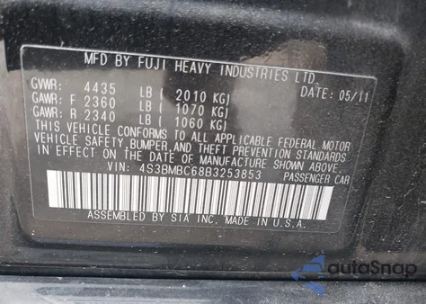 2011 Subaru Legacy 2.5I Premium from USA, damaged, VIN 4S3BMBC68B3253853